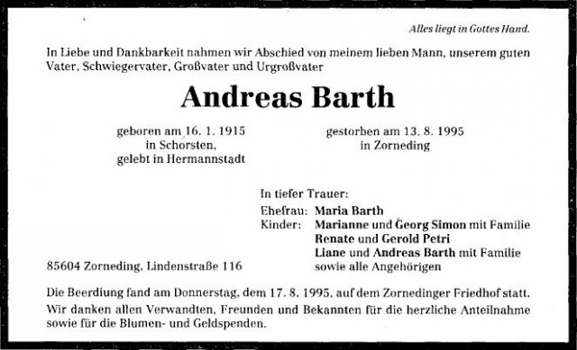 Barth Andreas 1915-1995 Todesanzeige